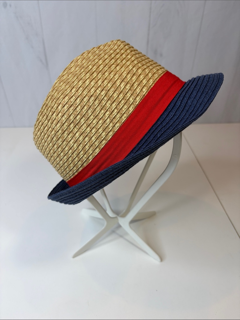 Kids Straw Bucket Hat with Red Band and Navy Brim One Size Fits Most